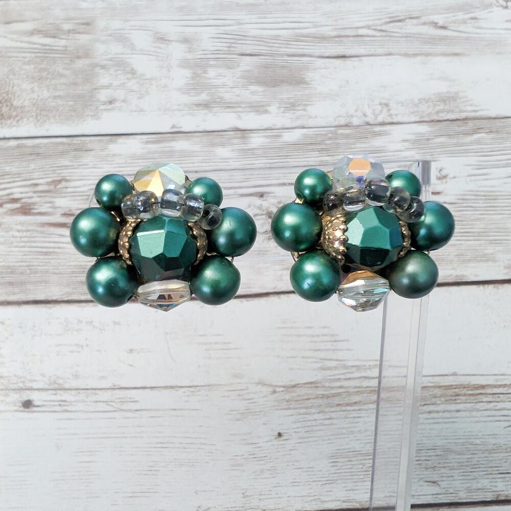 Vintage Clip On Earrings 1 & 1/8" Green Cluster with Accents - Rust/Tarnish